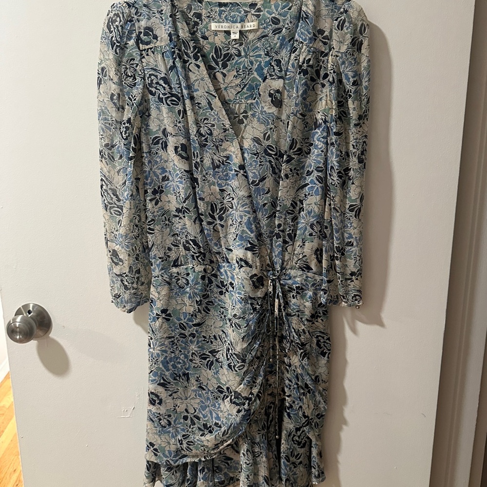 Veronica Beard Long Sleeve Floral Dress in Blue and Cream